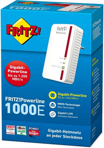 Fritz Powerline 1000E Adapter 1.200 MBit/sfür HD-Streaming oder NAS-Anbindungen